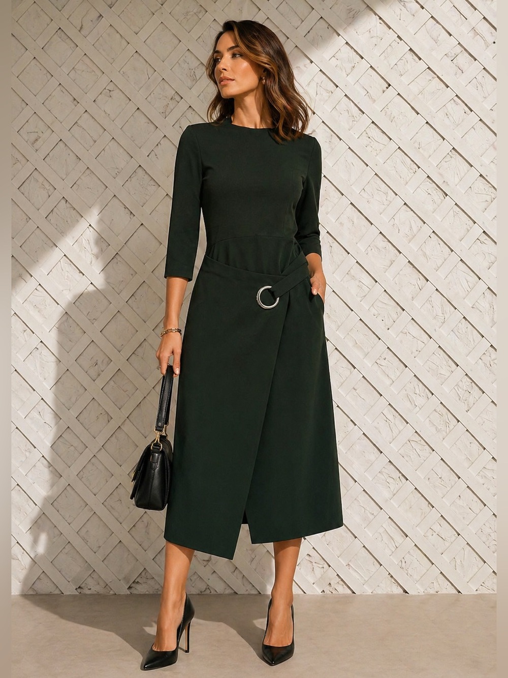Vero Moda Classic 3/4 Sleeve Midi Dress Crossover Skirt Detail Chic Timeless